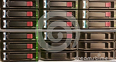Disk array mounted horizontally in a server rack Stock Photo