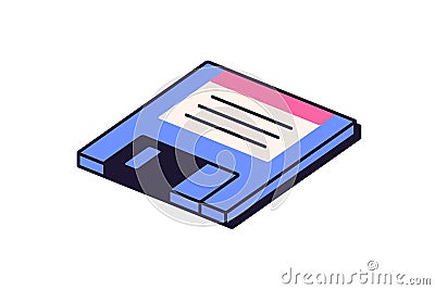 Diskette, floppy magnetic disk, 90s computer memory. Information, data storage concept. Retro old isometric icon in Vector Illustration