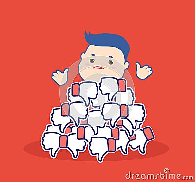 Dislike it concept.Thumbs down symbols.Unhappy cartoon man brush aside the hill red buttons hand dislike.Flat design Vector Illustration