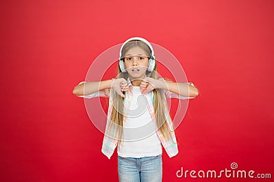 Dislike and unsubscribe. Thumbs down. Kid unhappy small baby. Dislikes concept. Reasons why kids dislike. Girl little Stock Photo