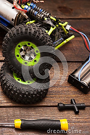 Dismantled broken Rc crawler model toy repair Stock Photo