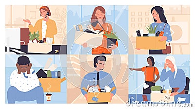 Dismissal from employment, set of office layoff scenes with happy or sad employees Vector Illustration