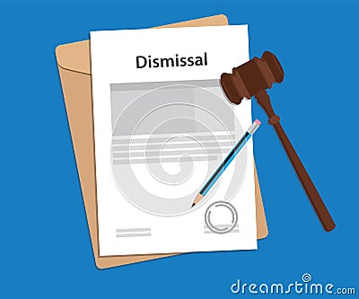 Dismissal text on stamped paperwork illustration with judge hammer and folder document with blue background Vector Illustration