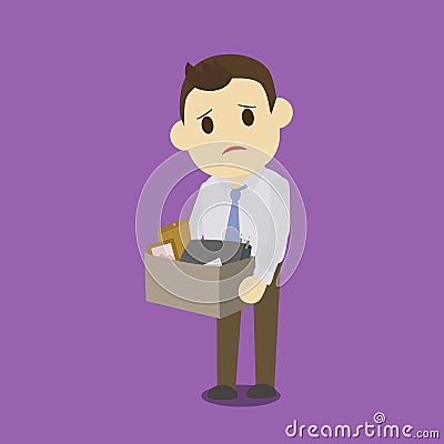 Dismissed businessman holding box with laptop Vector Illustration