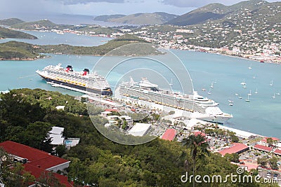 Disney Cruise Ship Fantasy Docks in St. Thomas Virgin Islands Editorial Stock Photo