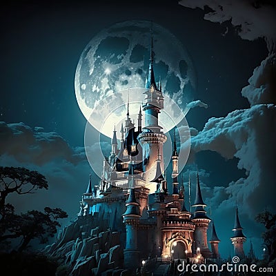 Disney land castle, dark theme ai generative illustration Cartoon Illustration