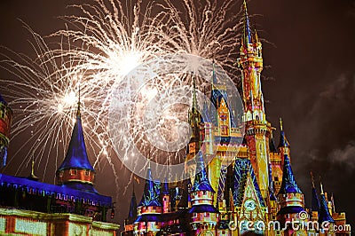 Disney magic castle in fireworks light Editorial Stock Photo