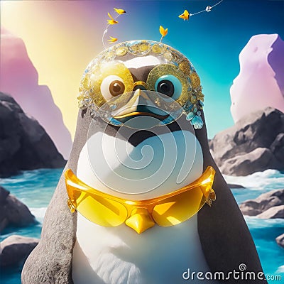 a Disney Mandala Art styled penguin, resembling a rock star, confidently stands atop a smooth rock. The penguin dons transparent Stock Photo
