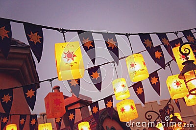 Lanterns and Bunting Strung Above Courtyard Square Stock Photo