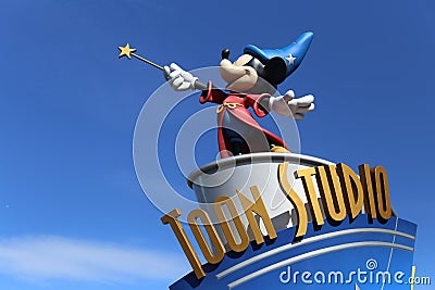 Disney studio in Disneyland Paris, with a statue of Mickey as a wizard Editorial Stock Photo