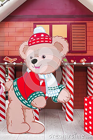 Disney Teddy Bear `Duffy` Paper Die-cut set up for Christmas and 2016 New Year Decoration Photo-booth at Central World in Happy Fa Editorial Stock Photo