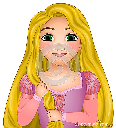 Disney vector illustration of Rapunzel, princess disney with very long magical blonde hair, fairy tale Cartoon Illustration