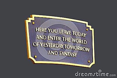 Disneyland Entrance Plaque Motto Editorial Stock Photo