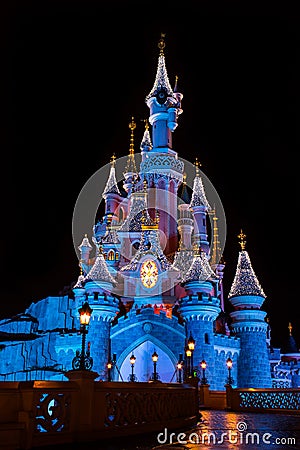 Disneyland Paris Castle at Night with Christmas decorations Editorial Stock Photo