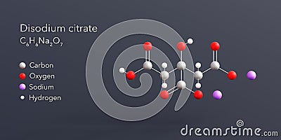 disodium citrate molecule 3d rendering, flat molecular structure with chemical formula and atoms color coding Stock Photo