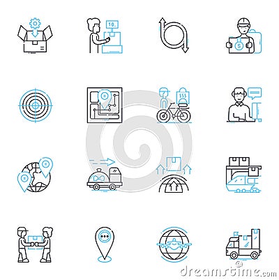 Dispatch services linear icons set. Efficiency, Promptness, Coordination, Priority, Logistics, Response, Reliability Vector Illustration