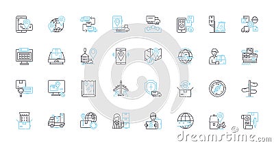 Dispatch services linear icons set. Efficiency, Promptness, Coordination, Priority, Logistics, Response, Reliability Vector Illustration