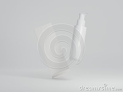 Dispenser bottle with packaging box floating on a plain white background for mockup concept Stock Photo