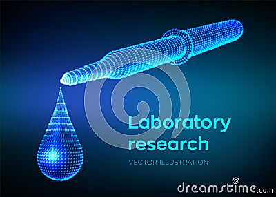 Dispensing pipette with emerging drop. Laboratory research. Wireframe medical pipette with liquid and falling droplet. Scientific Cartoon Illustration