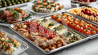 catering services, display an array of delectable appetizers and finger foods on silver trays, ideal for any cocktail Stock Photo