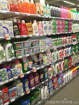Display of assortment of different brands of laundry detergents Editorial Stock Photo