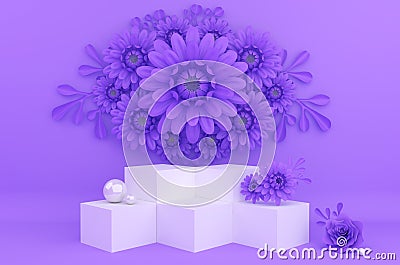 Display background for Cosmetic product presentation. Empty showcase, 3d rendering, flower paper. Stock Photo