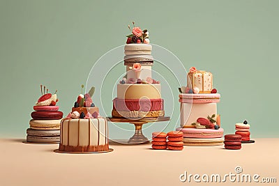 A display of cakes Vintage cakes and desserts of the 1960s - 70s AI generation Stock Photo