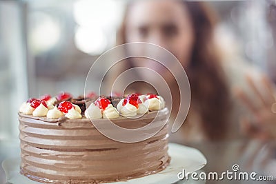 Display case of chocolate cake Stock Photo