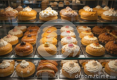 A display case full of various types of donuts Stock Photo