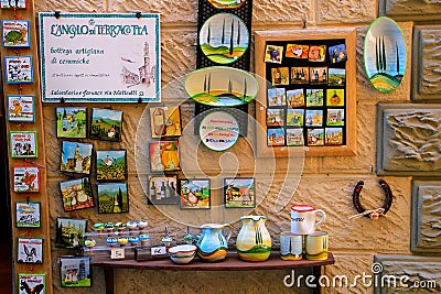 Display of ceramic souvenirs at a shop in Montalcino town, Val d Editorial Stock Photo