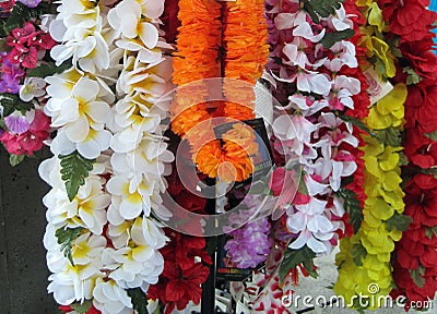 Display of colorful leis in Hawaii Editorial Stock Photo