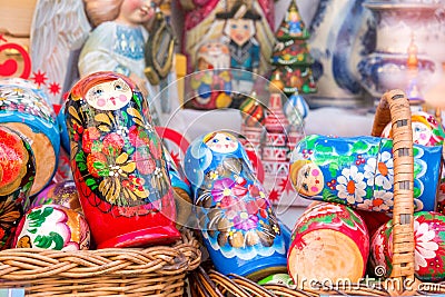 Display of colorful matryoshkas (russian dolls) in Russia Stock Photo