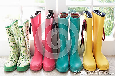 A display of colorful rain boots Stock Photo