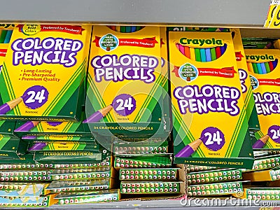 A display of Crayola Colored Pencils in the school supply aisle at a Walmart Editorial Stock Photo