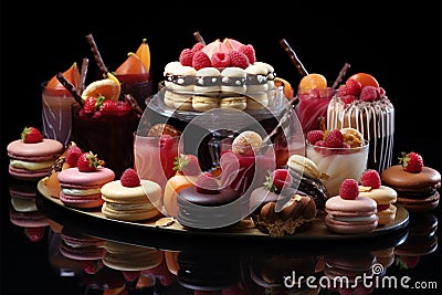 Display of different cakes on black background, a decadent assortment Stock Photo
