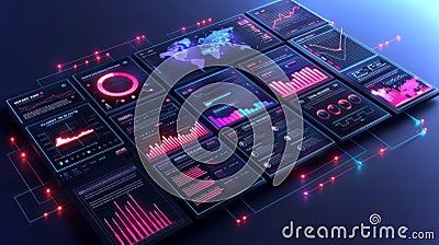 Display of Digital Data Analytics Dashboards Featuring Graphs, Charts, and Maps in Vibrant Colors Against a Dark Stock Photo