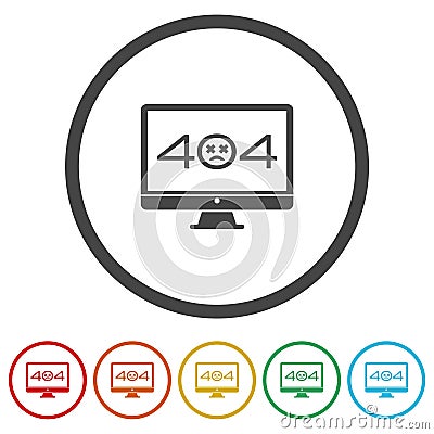 Display with error message icon. Set icons in color circle buttons Vector Illustration