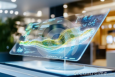 Display features dynamic visualization of data trends with colorful flowing graphics. Modern office environment with Stock Photo