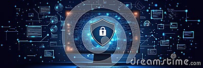The display features a shield and lock icon, representing strong internet security to protect user data and ensure safe Stock Photo