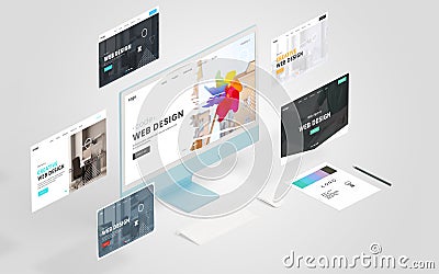 Display featuring a conceptual web design page with similar pages floating around, showcasing the power of a web design studio Stock Photo