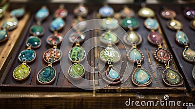 A display of finished ceramic pendants at a local artisan market showcasing the wide range of styles and designs Stock Photo
