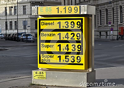 Display of fuel prices at a service station Stock Photo