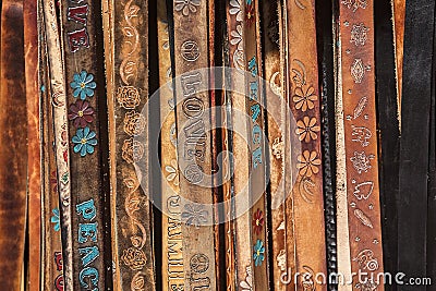 Display of leather belts Stock Photo