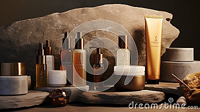 A display of premium skincare products, including serums and lotions Stock Photo