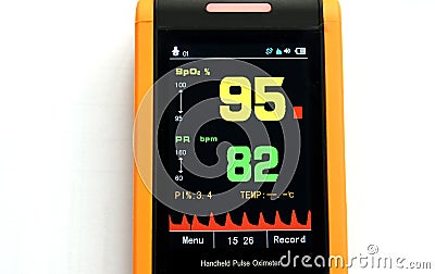 Display of the pulse oximeter showing blood oxygen ninety-five in yellow and pulse eighty-two in green.. Stock Photo