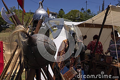A display of replica Viking armour and weapons. Editorial Stock Photo