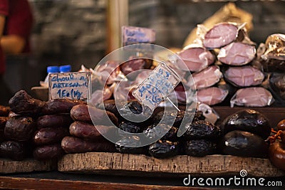 Display of smoked cured mix of sausage Stock Photo