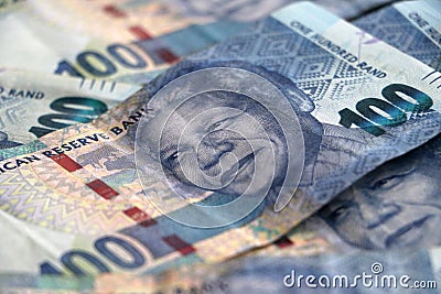 Display of South african currency money hundred rand notes Editorial Stock Photo