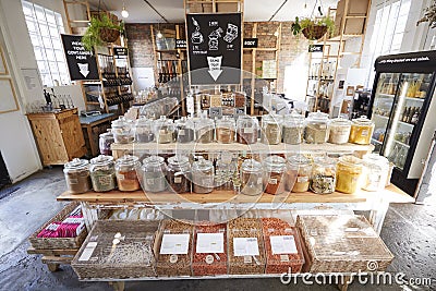 Display Of Spices In Sustainable Plastic Packaging Free Grocery Store Stock Photo