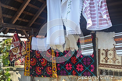 Display of traditional Romanian textiles Stock Photo